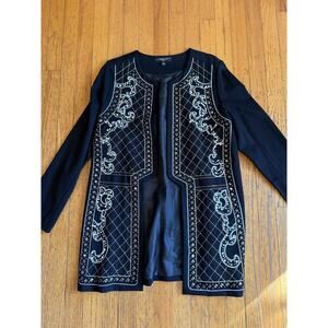 Andrew Yu Jacket Womens Large Black Embellished Embroidered Open Front Longline